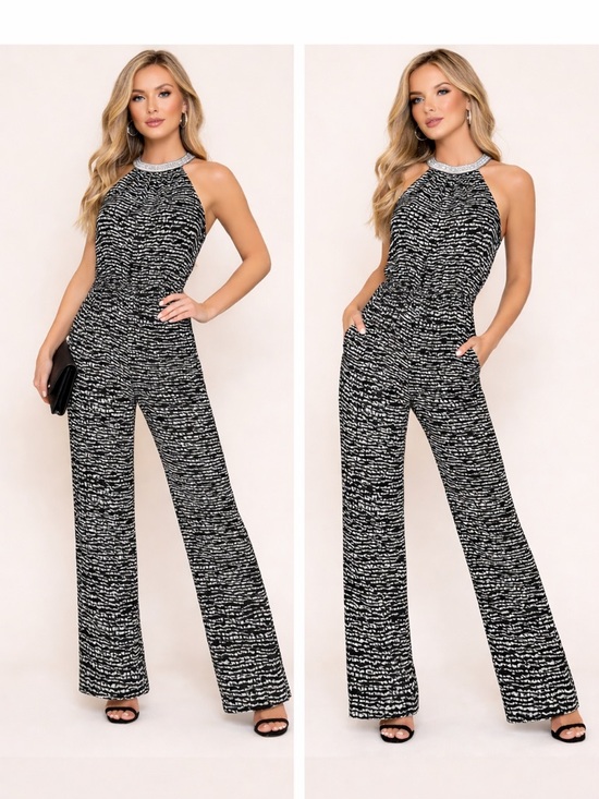 ivy + blu Pants - Black and White Patterned Jumpsuit Sz 8 Ivy + Blue with Silver Accents